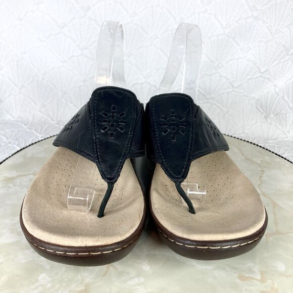 Clarks Sandals Womens 10 Black Leather Phebe Mist Thong Comfort Wedge Slip On - Picture 3 of 15